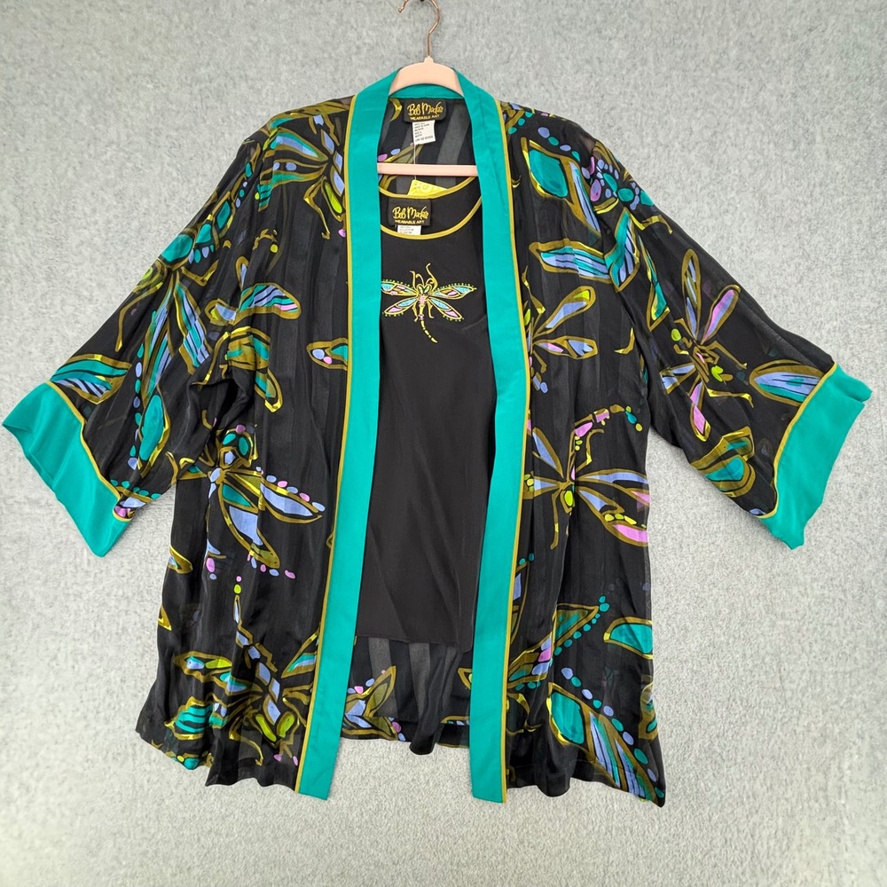 Bob Mackie Kimono Tank 2 Piece Set Women Large Black Dragonfly Silk Wearable Art